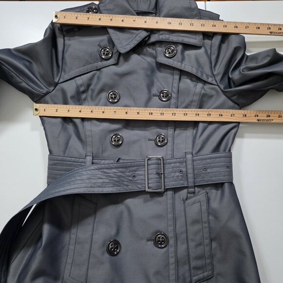 London Fog Trench Coat Womens PS Gray Metallic Pockets Belt Buttons Detach Liner - Picture 4 of 16